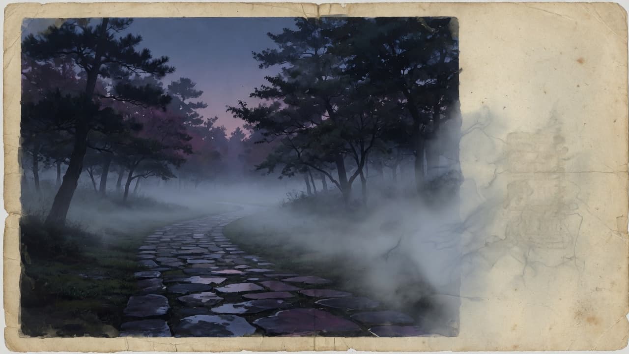 紙霧半掩的石板路,遠處樹影還在霧裡